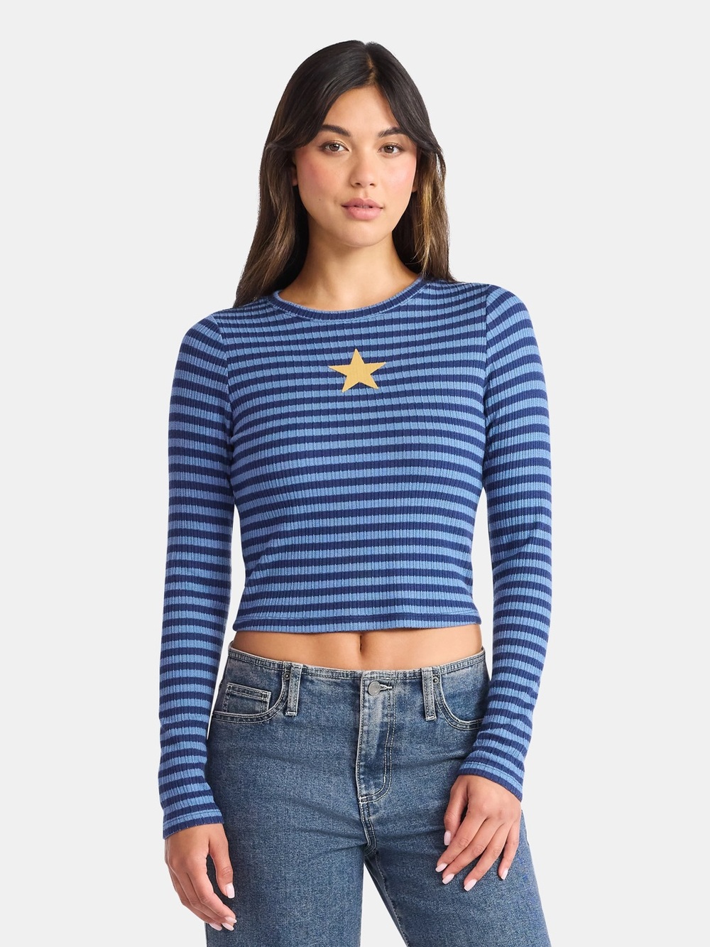 Blue Striped Long-Sleeve Ribbed Crop Top - Star Detail